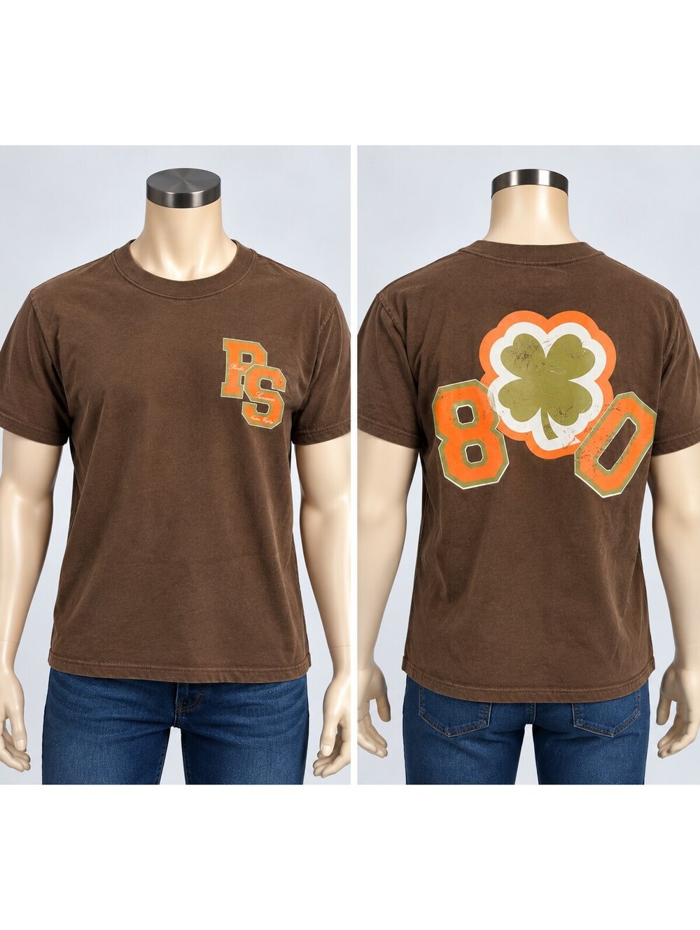 PacSun Brown Graphic T-Shirt with Orange PS and Clover 80